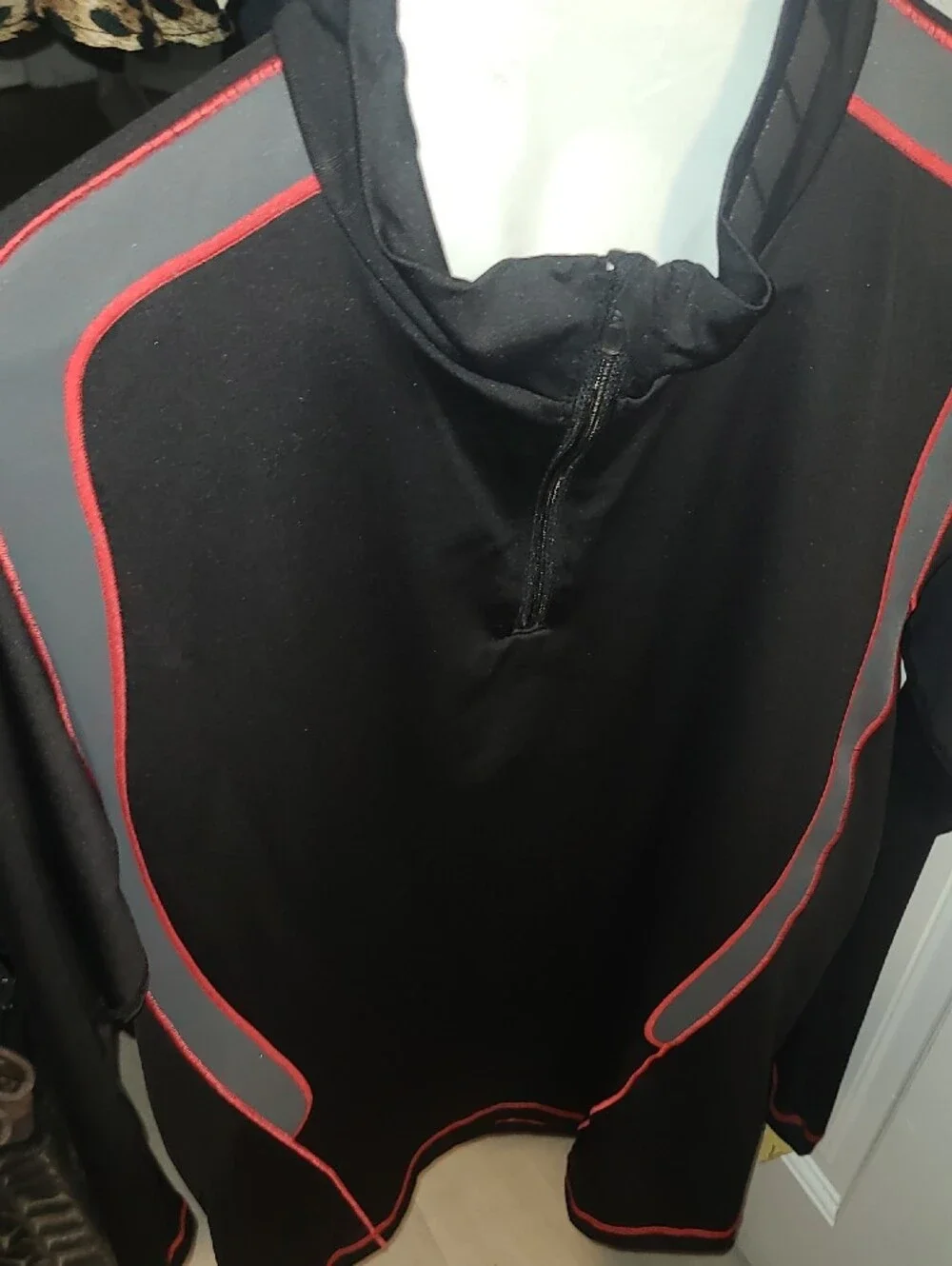Men's Black Long-Sleeve Swim Shirt with Red Accents